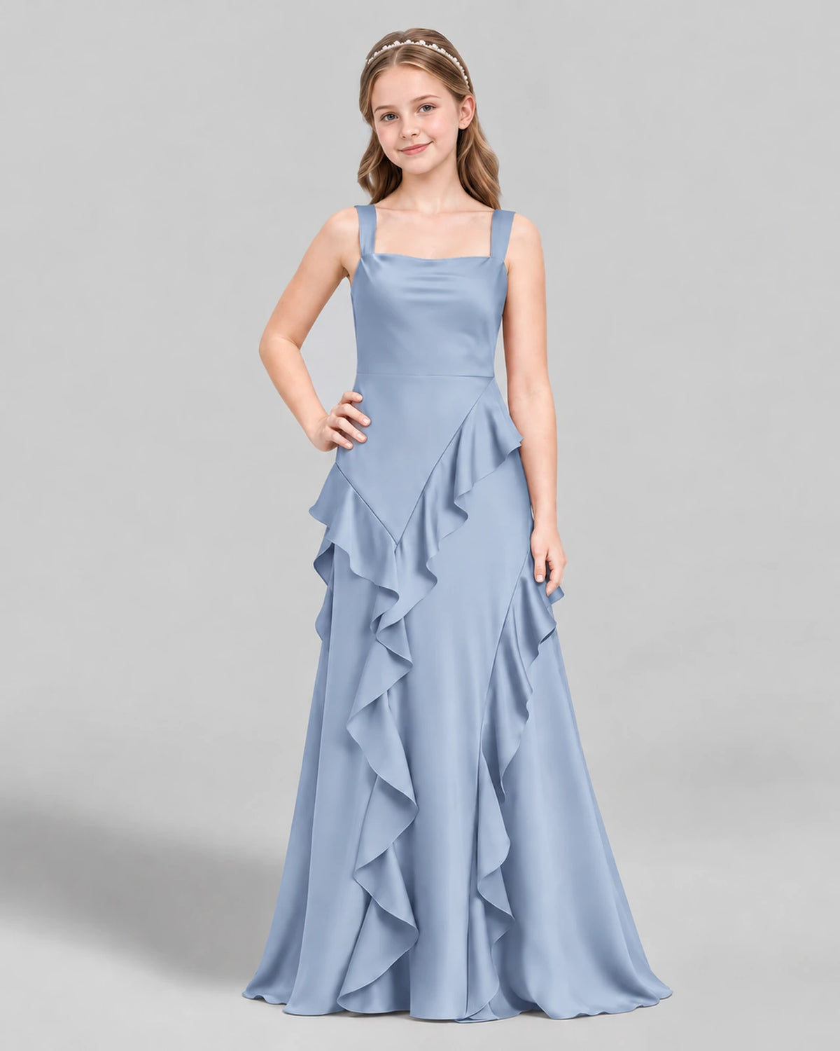 Dusty Blue A-line Junior Bridesmaid Dress Front
