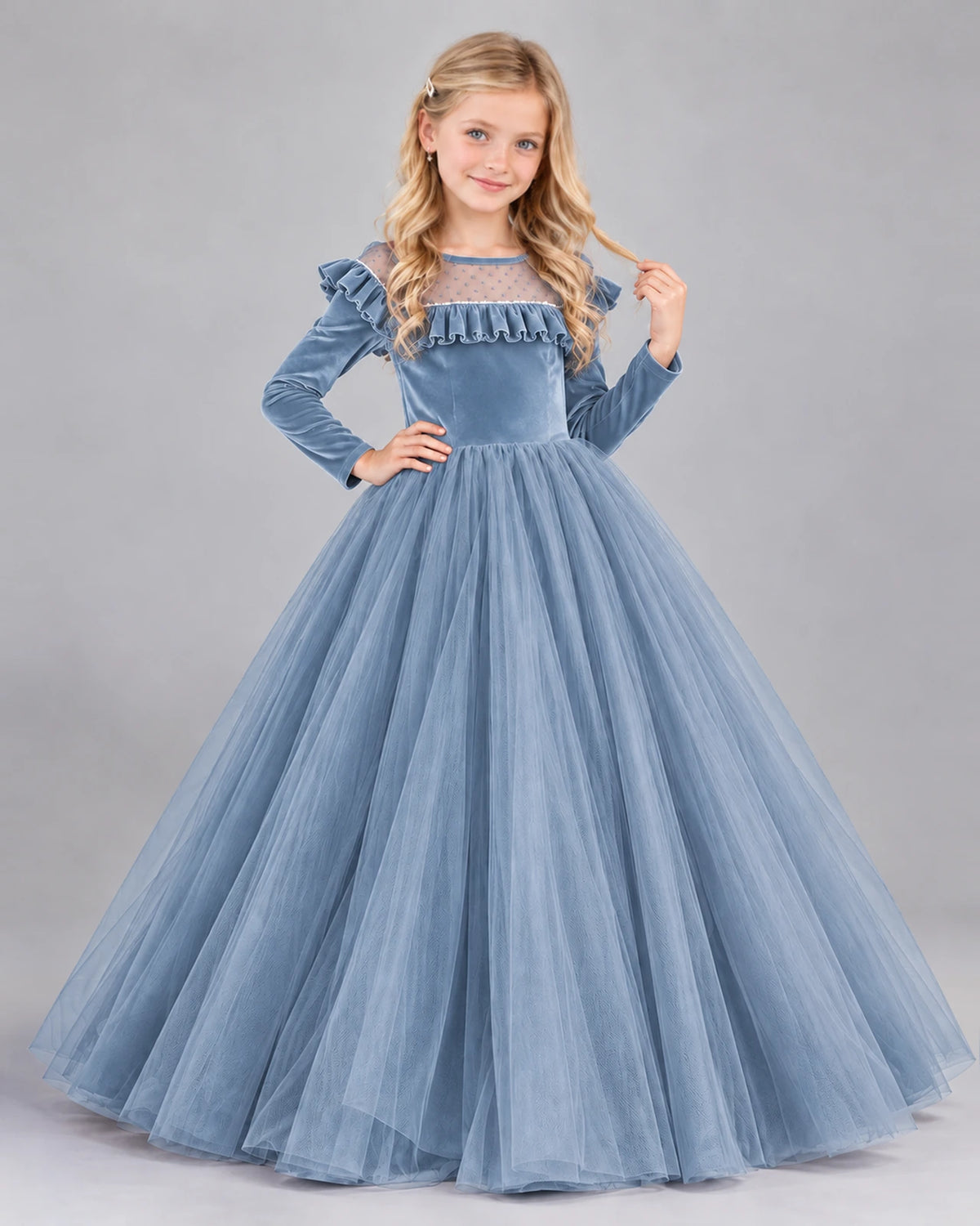Dusty Blue Ball Gown Girls Formal Dress Front