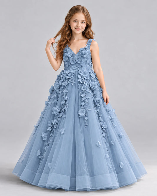 Dusty Blue Ball Gown Girls Formal Dress Front