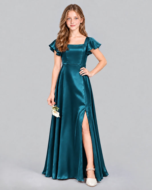Teal A-line Junior Bridesmaid Dress Front