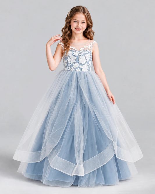 Dusty Blue Ball Gown Girls Formal Dress Front