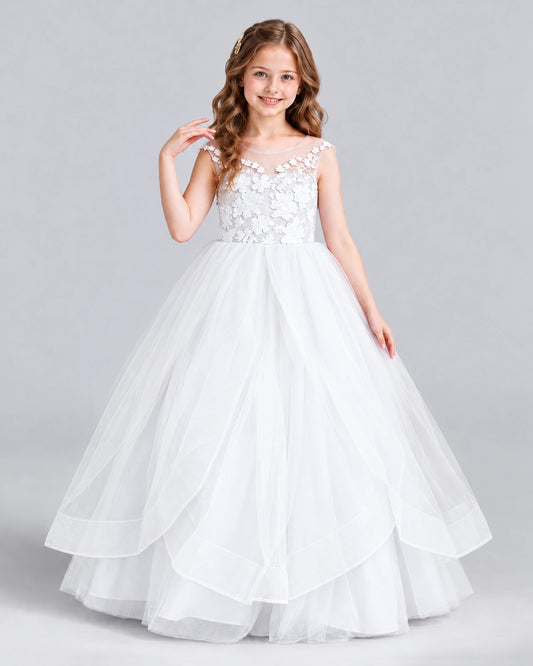 White Ball Gown Girls Formal Dress Front
