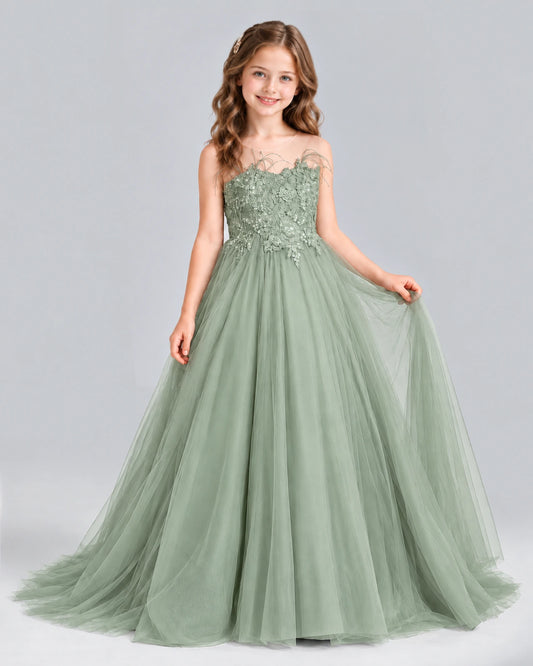 Sage Green Ball Gown Girls Formal Dress Front