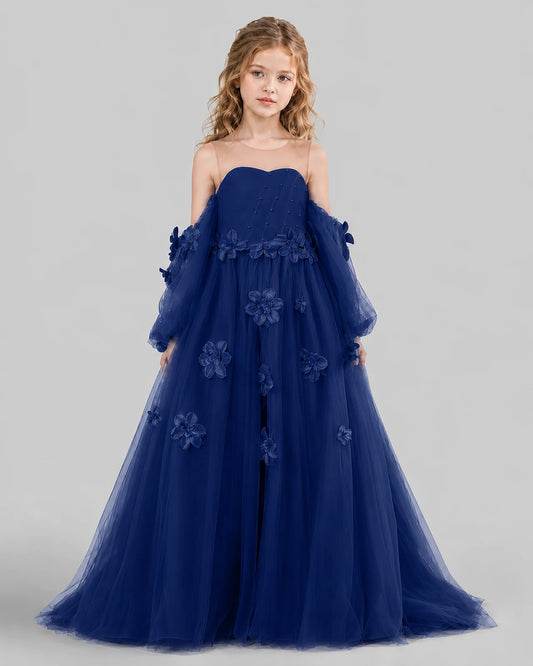 Navy Blue A-line Girls Pageant Dresses Front