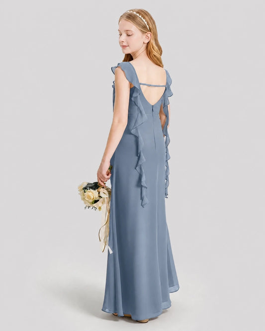Dusty Blue Chiffon Ruffled V-Neck Junior Bridesmaid Dresses Back View
