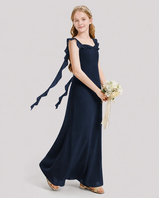 Navy Blue Chiffon Ruffled Strap Junior Bridesmaid Dresses Side View