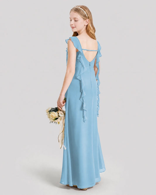 Sky Blue Chiffon Ruffle V-Neck Junior Bridesmaid Dresses Back View