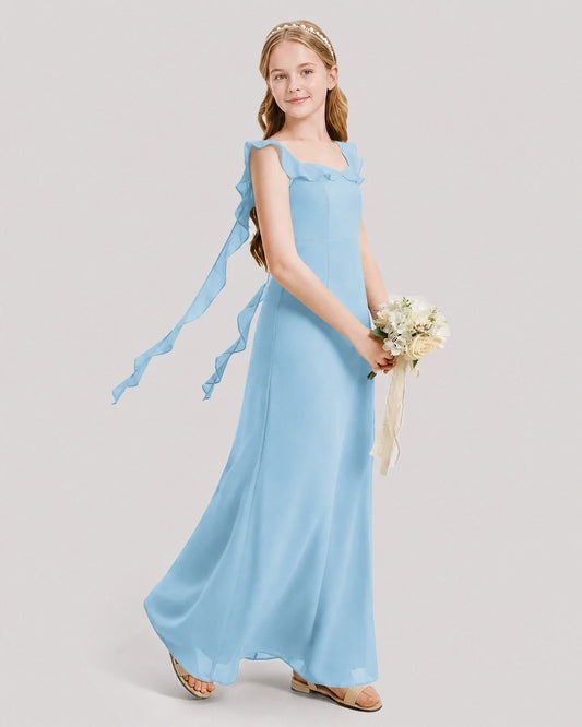 Sky Blue Chiffon Ruffle Straps Junior Bridesmaid Dresses Side View