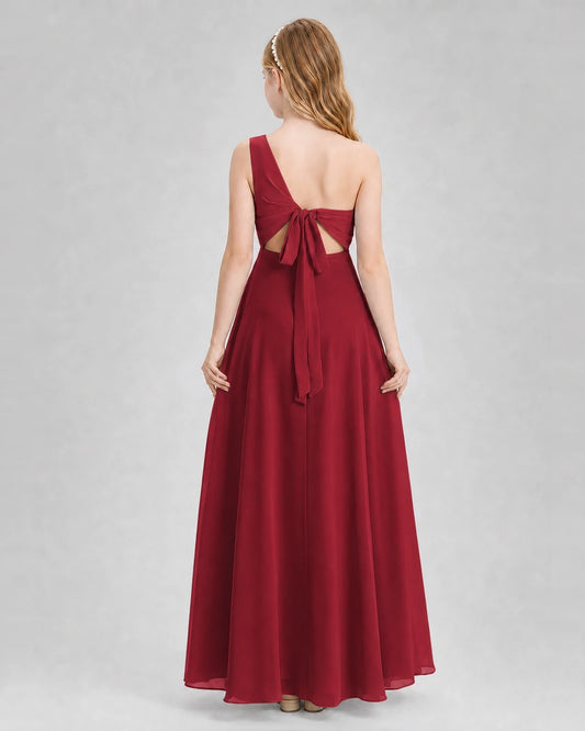 Burgundy chiffon one-shoulder junior bridesmaid dress Back View