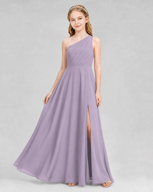 Wisteria Chiffon One-Shoulder Junior Bridesmaid Dresses Front View