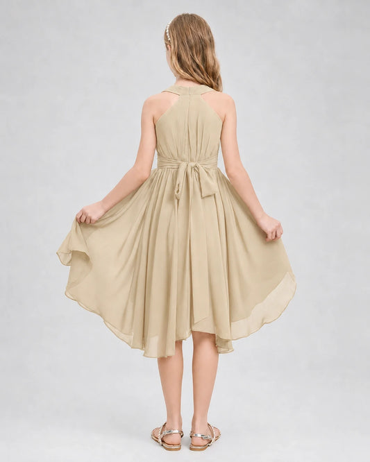 Champagne Chiffon Halter High Low Junior Bridesmaid Dresses Front View