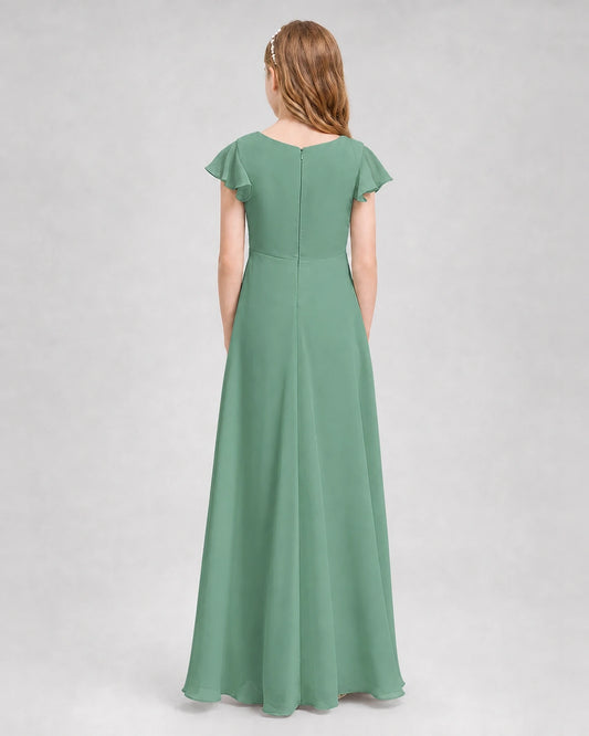 Eucalyptus Chiffon Flutter Sleeve Junior Bridesmaid Dresses Back View