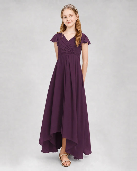 Grape Chiffon High-Low Junior Bridesmaid Dresses Front View