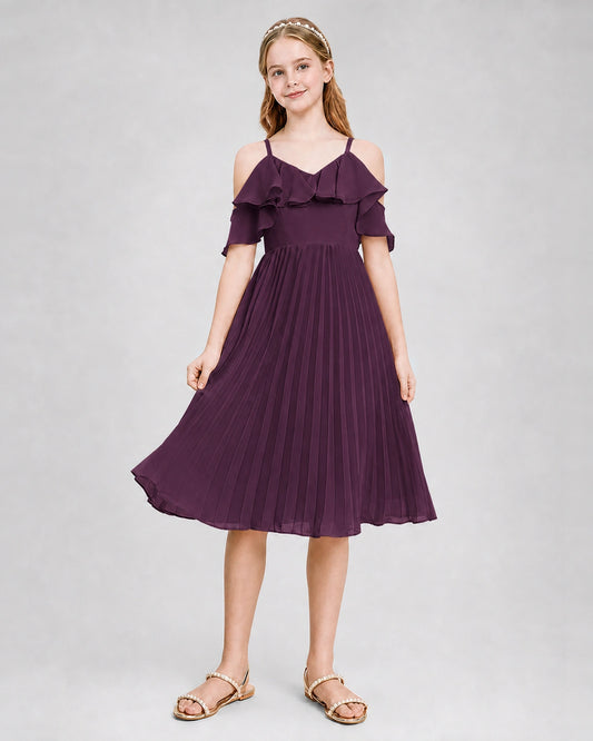 Grape Chiffon Cold Shoulder Pleated Junior Bridesmaid Dresses Back View