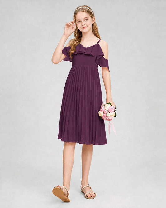 Grape Chiffon Cold Shoulder Pleated Junior Bridesmaid Dresses Side View
