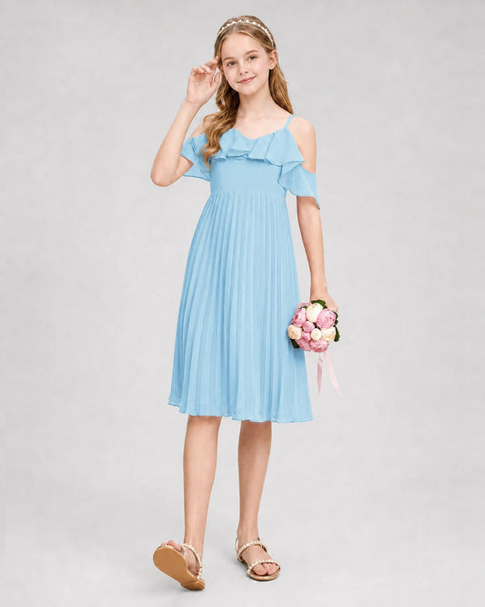 Sky Blue Chiffon Cold Shoulder Junior Bridesmaid Dresses Side View