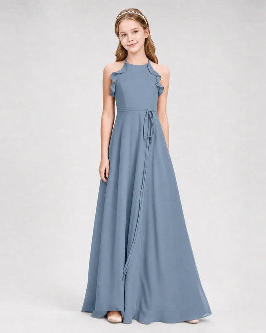 Dusty Blue Chiffon A-line Junior Bridesmaid Dress Side View
