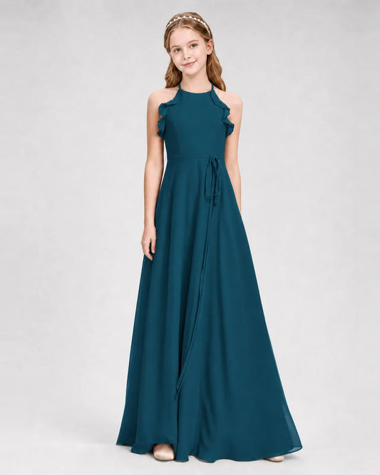 Teal Chiffon A-line Junior Bridesmaid Dress Side View