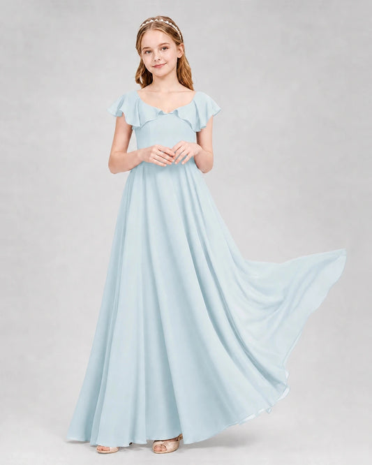 Dideyttawl Flutter Sleeve Back Bow Chiffon Junior Bridesmaid Dress