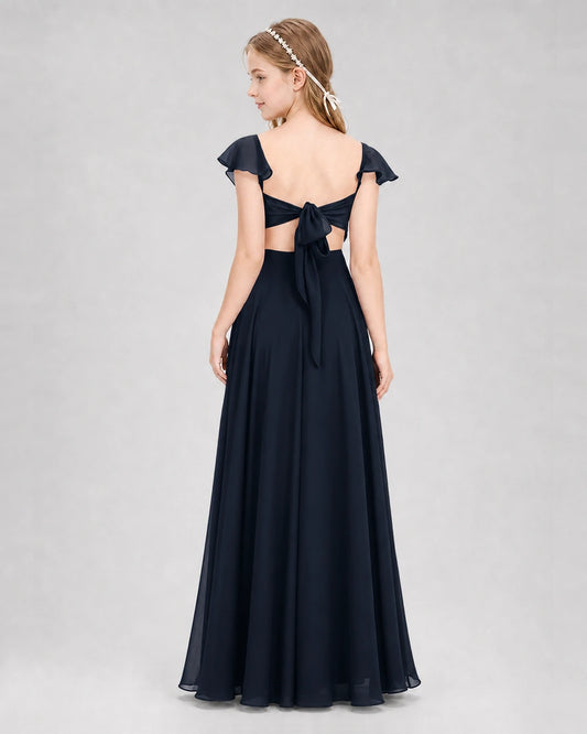 Navy Blue Chiffon Ruffle Sleeve Junior Bridesmaid Dresses Back View