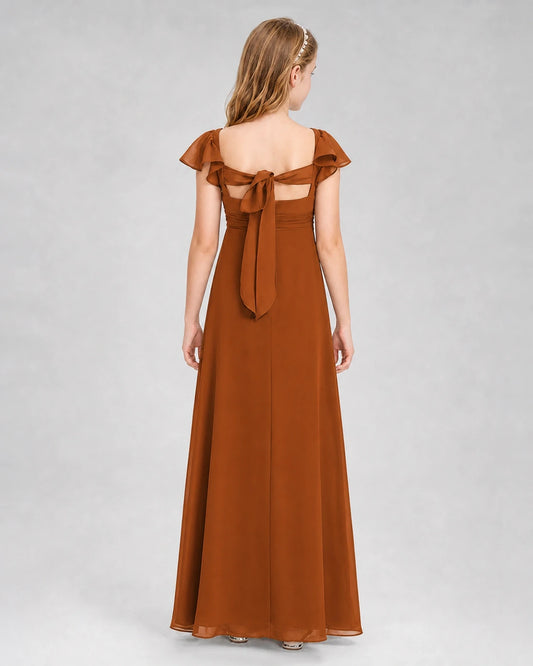 Burnt orange chiffon tie back junior bridesmaid dress, back view.