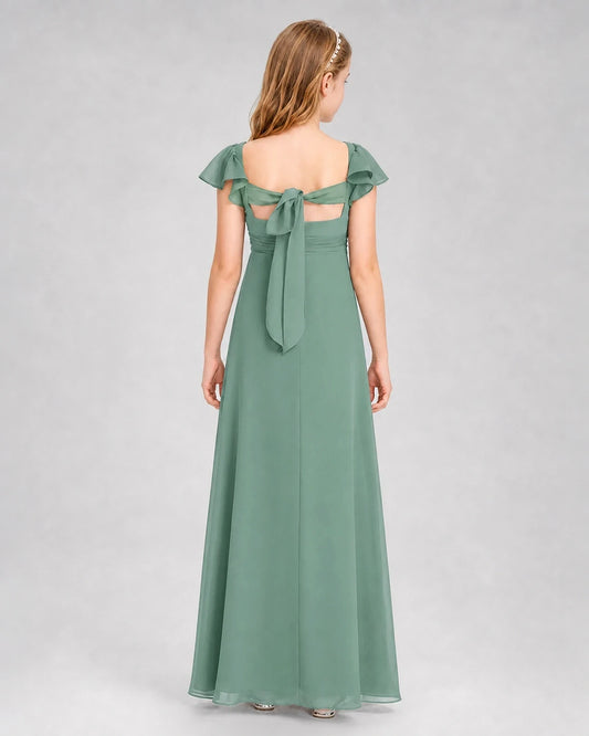 Eucalyptus Chiffon Ruffle Sleeve Junior Bridesmaid Dresses Back View