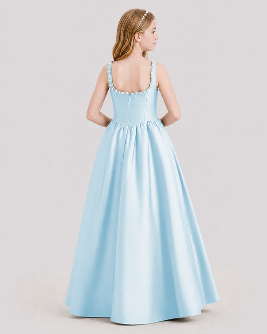 Dideyttawl Pearl Trim Square Neck Satin Junior Bridesmaid Dress