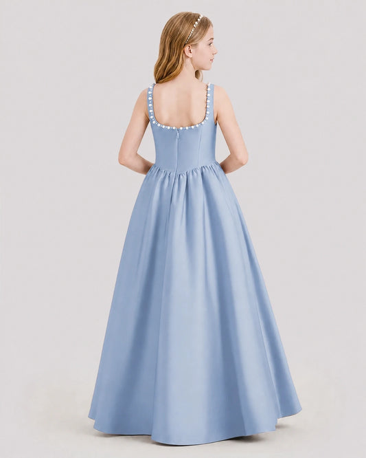 Dusty Blue Satin Square Neckline Junior Bridesmaid Dresses Back View