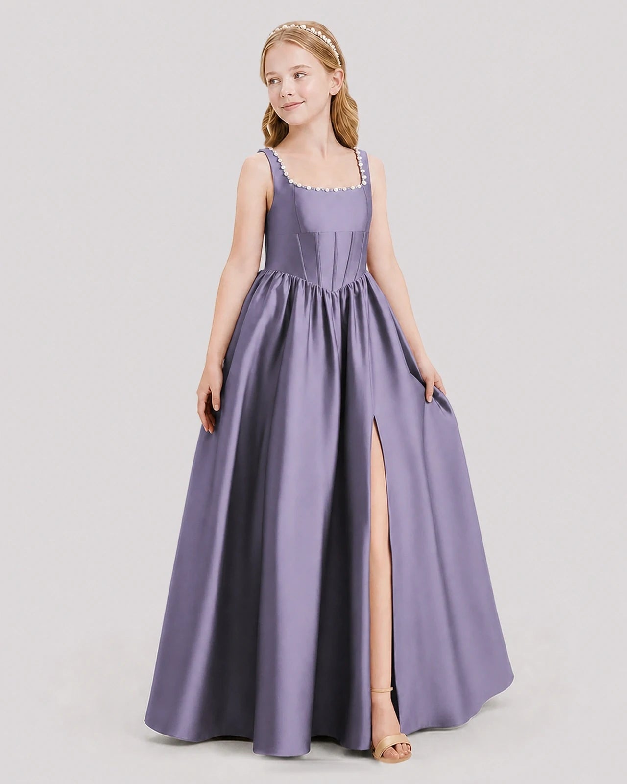 Dideyttawl Pearl Trim Square Neck Satin Junior Bridesmaid Dress