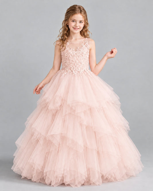 Blush Pink Ball Gown Girls Pageant Dress Front