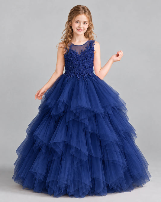 Navy Blue Ball Gown Girls Pageant Dress Front
