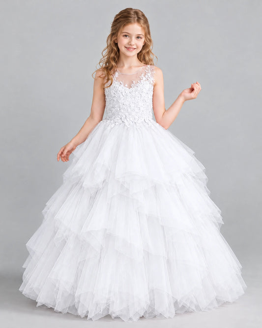 White Ball Gown Girls Pageant Dress Front