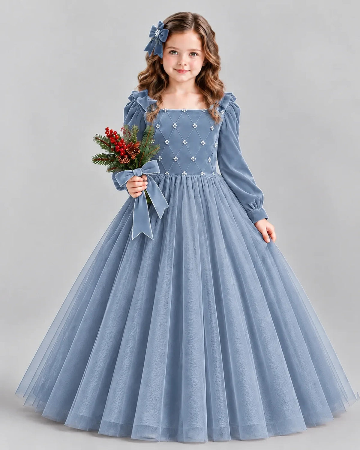 Dusty Blue Ball Gown Girls Formal Dress Front