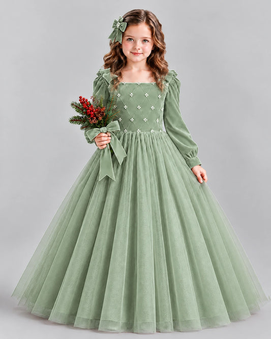 Sage Green Ball Gown Girls Formal Dress Front