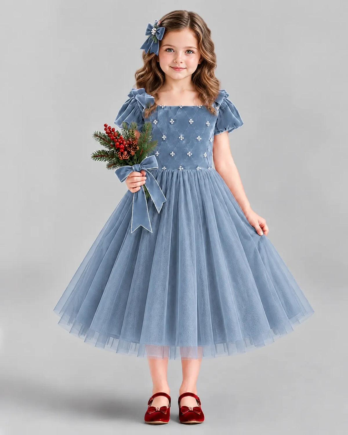 Dusty Blue Ball Gown Girls Formal Dress Front