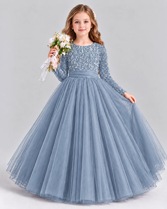 Dusty Blue Ball Gown Girls Formal Dress Front