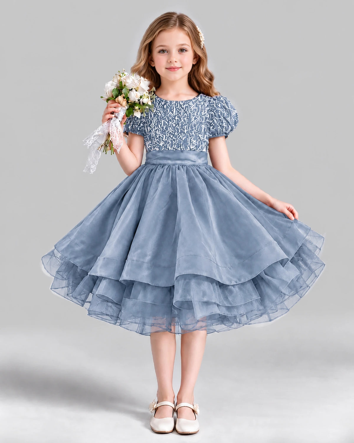 Dusty Blue Ball Gown Girls Formal Dress Front