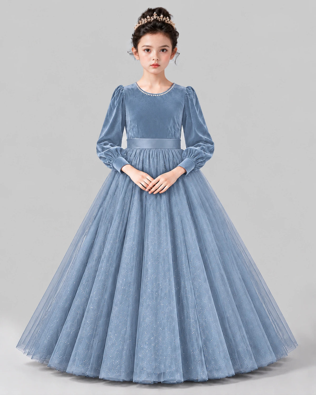 Dusty Blue Ball Gown Girls Formal Dress Front