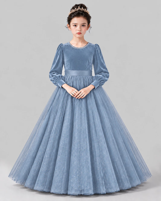 Dusty Blue Ball Gown Girls Formal Dress Front