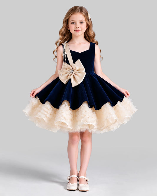 Navy Blue Flared Girls Formal Dress Front