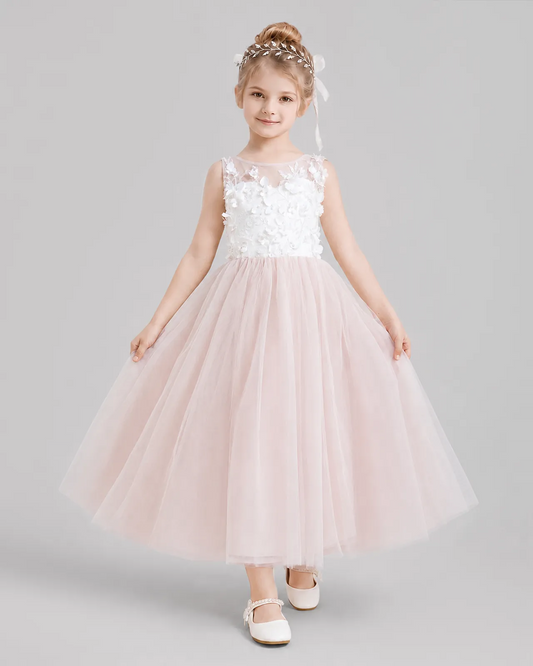 Blush Pink Tulle A-line Flower Girl Dress Front View