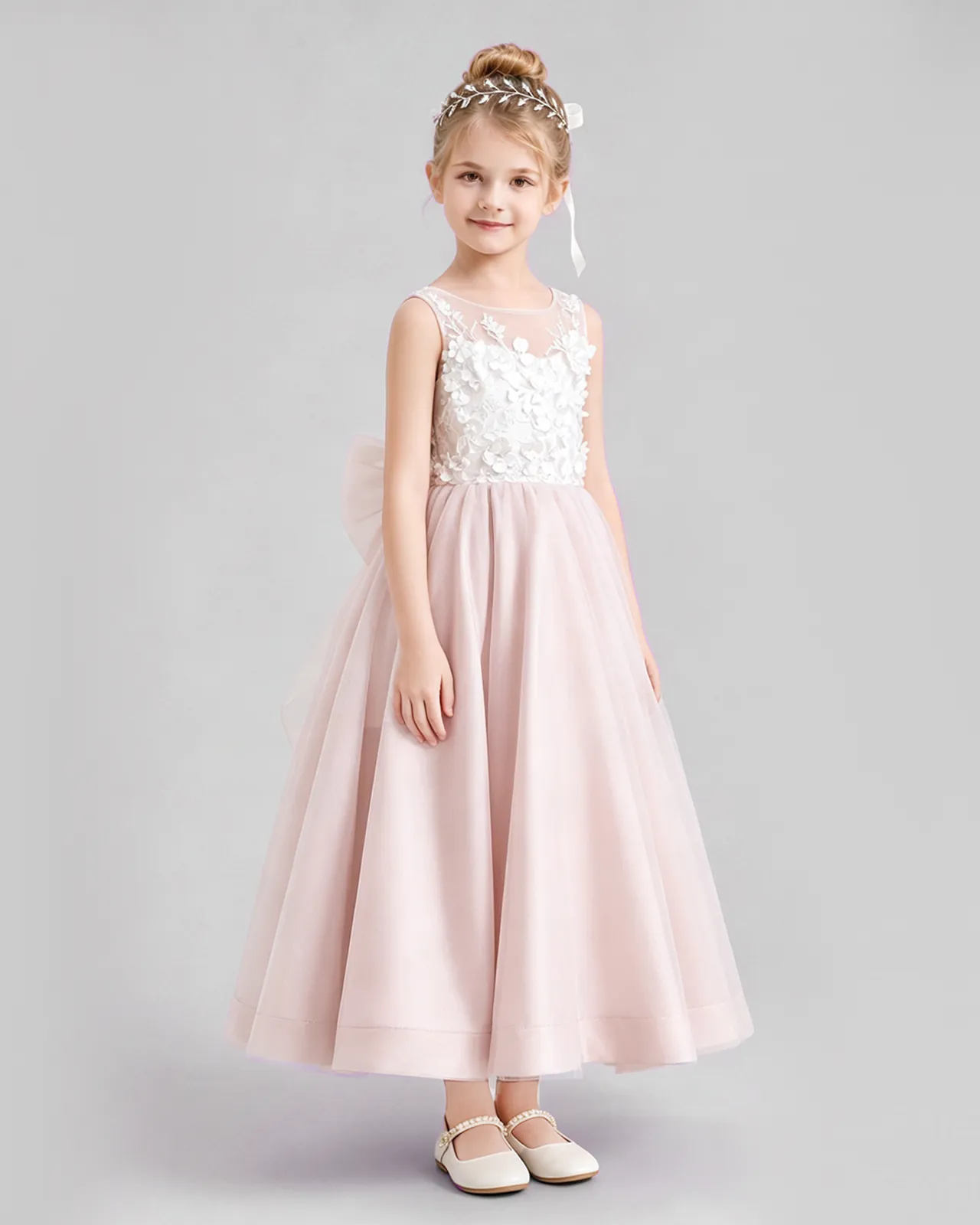 Blush Pink Tulle A-line Flower Girl Dress Front View
