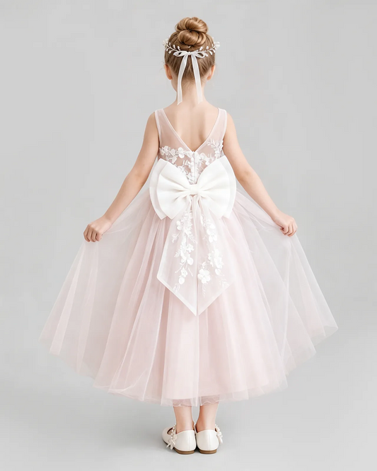 Blush Pink Tulle A-line Flower Girl Dress Back View