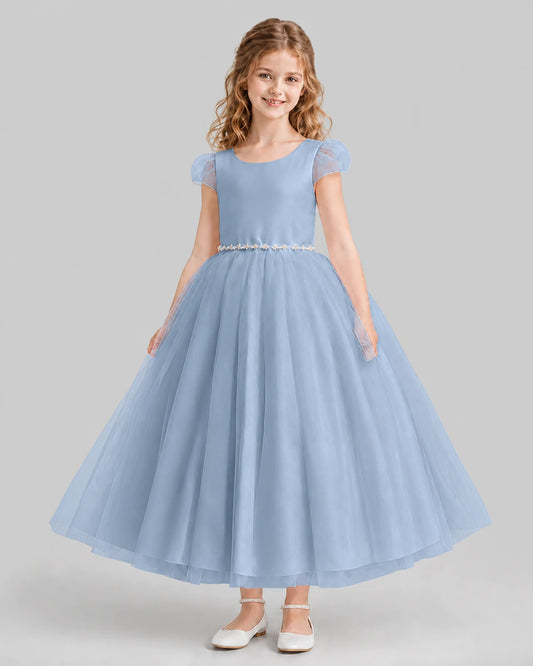 Dusty Blue A-line Flower Girl Dresses Front