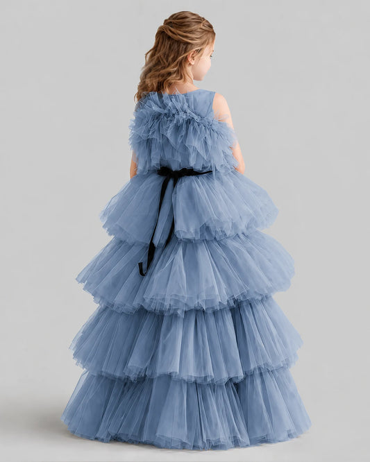 Dusty Blue Ball Gown Girls Pageant Dresses Back