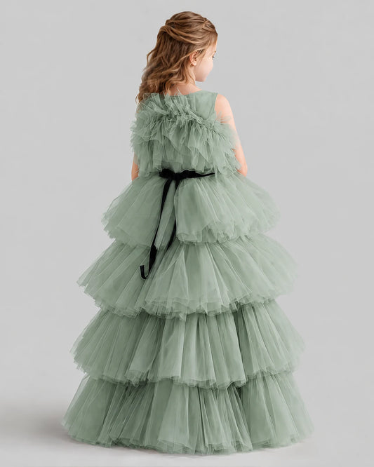Sage Green Ball Gown Girls Pageant Dresses Back