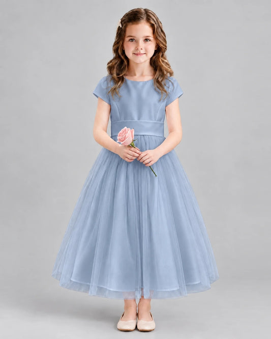Dusty Blue A-line Flower Girl Dresses Front
