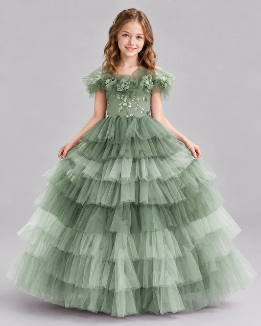 Sage Green Ball Gown Girls Pageant Dresses Front