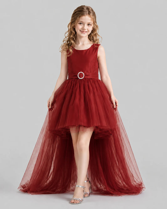 Burgundy Flared Girls Pageant Dresses Front