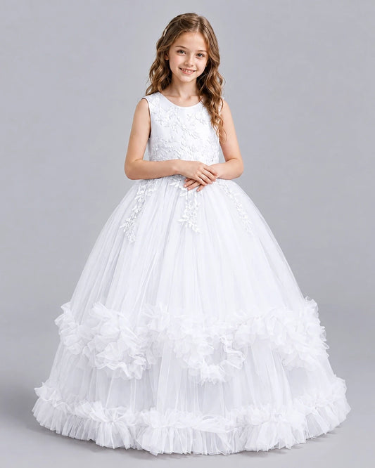 White Ball Gown Girls Pageant Dresses Front